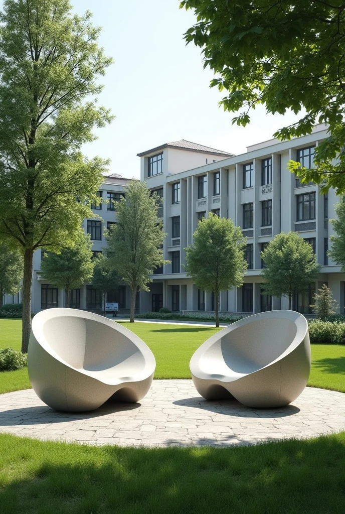 Make two half-moon-shaped cement chairs in the middle of a school landscape