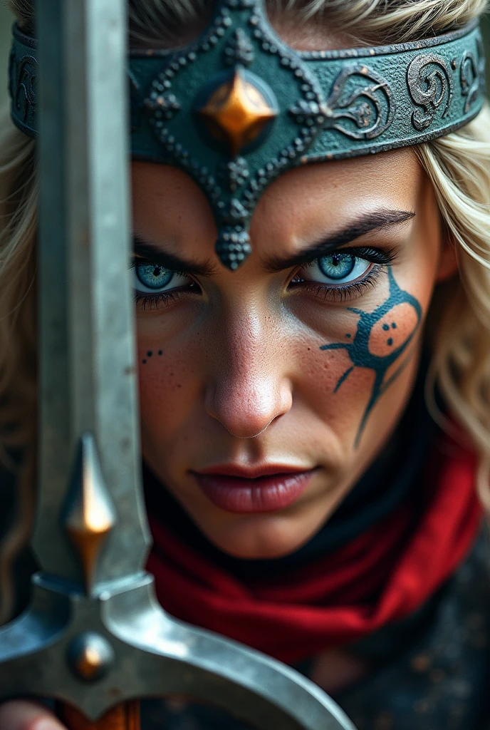 Close up viking warrior with sword in hand, Woman, blue eye, makeup on face, sword next to the face, large head ornament , red neck collar,  painted face, Angry