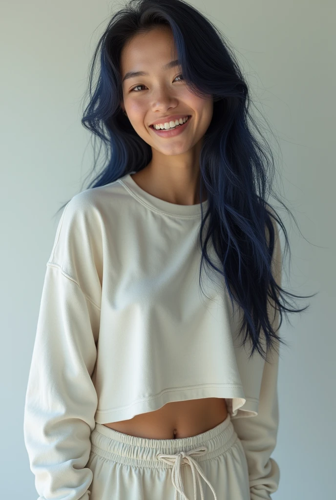 20 year old woman French nationality More realistic style White skin Athletic Long wavy hair Dark blue hair Quality smile Small lips Small and tender face Loose and cropped sweatshirt clothing, pants covering the navel, pantalon olgada
Cuepo de 1,70 Weight of 60 kl Defined