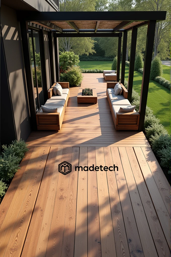 Create an Instagram post image featuring an overhead view of a wooden deck with a pergola. The deck should display the rich texture of the wood, while the pergola adds an architectural element to the scene. Ensure the brand name 'Madetech's' is prominently visible, either as a stylish text overlay on the deck or as an integrated logo on the pergola. The image should be clean, modern, and designed to capture attention on social media, with a strong focus on the brand name