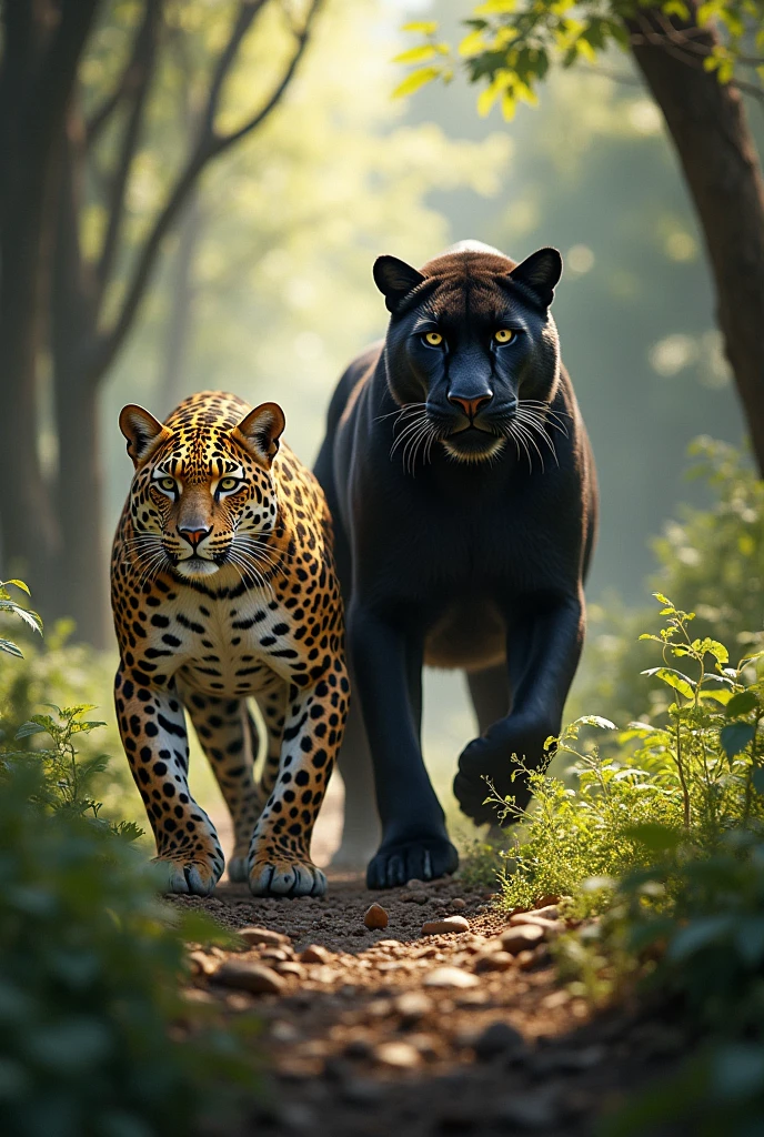 two female leopards and a black panther