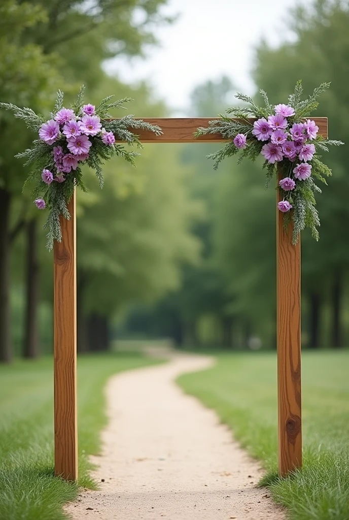 I want an image of a wide wooden wedding arch that is straight not curved and that only in the 2 upper corners there is a symmetry of purple carnations with little green leaves. In the lower part I don't want anything. I want it to be simple and outdoors.