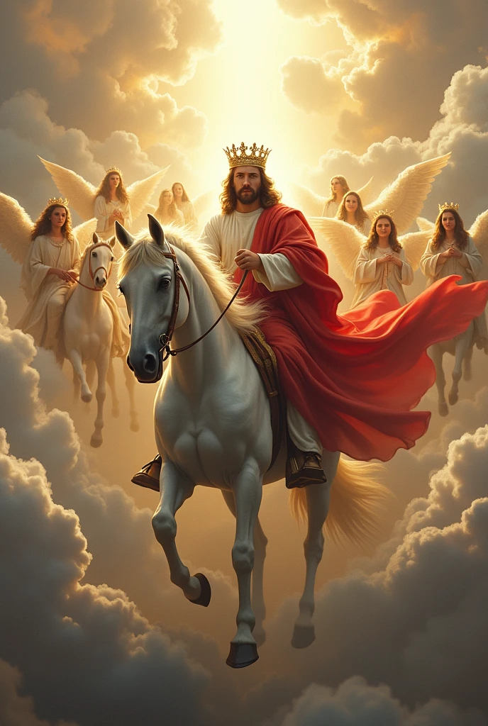 Creating Jesus without wings, with his face covered in bright white light with a golden crown and a red cape, riding on a white horse holding the reins of the horse among the clouds of the sky, surrounded by many angels riding on horses, and below panoramic view of a city