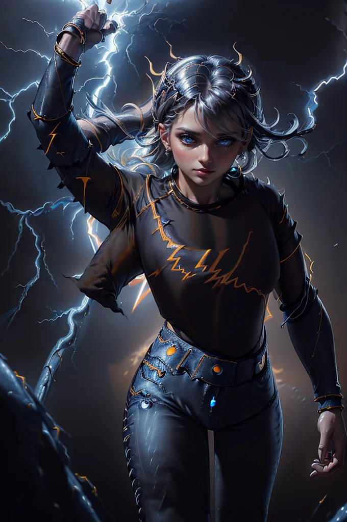 Masterpiece, Best Quality, 3D, 1girl, female, tomboy, toned, black hair, short hair, lightning, sparks, purple eyes, glowing eyes, sparks on skin, lightning on skin