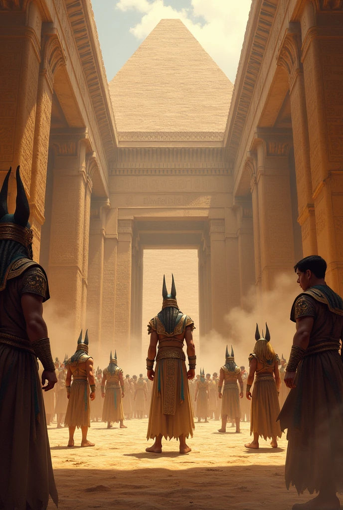 7 competitors in the center of an Egyptian arena