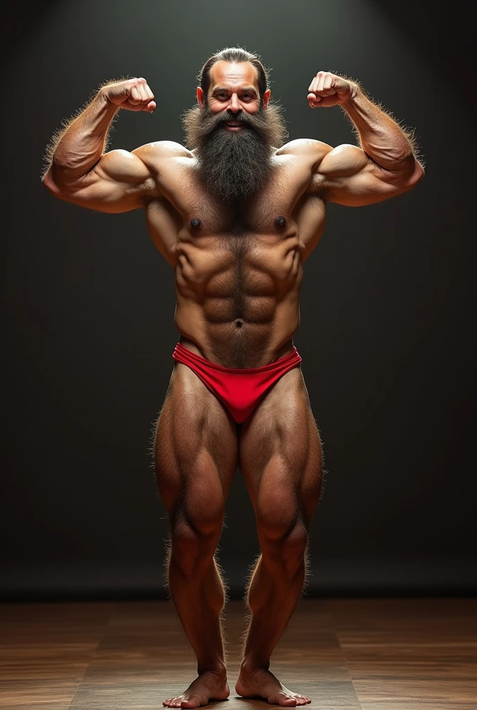 a hairy bearded Bolivian man with a lot of hair in his hairy red bikini posing on a stage with his arms up and a smile on his face, a portrait by Byron Galvez, featured on instagram, Baroque, body builder physique, Physicist exagerado, Physicist muscular exagerado, Mr. Universe, big fit ass, long, stark, Physicist |, corpo fitness ifbb, body builder posing, body builder, body builder body, ernest khalimov body