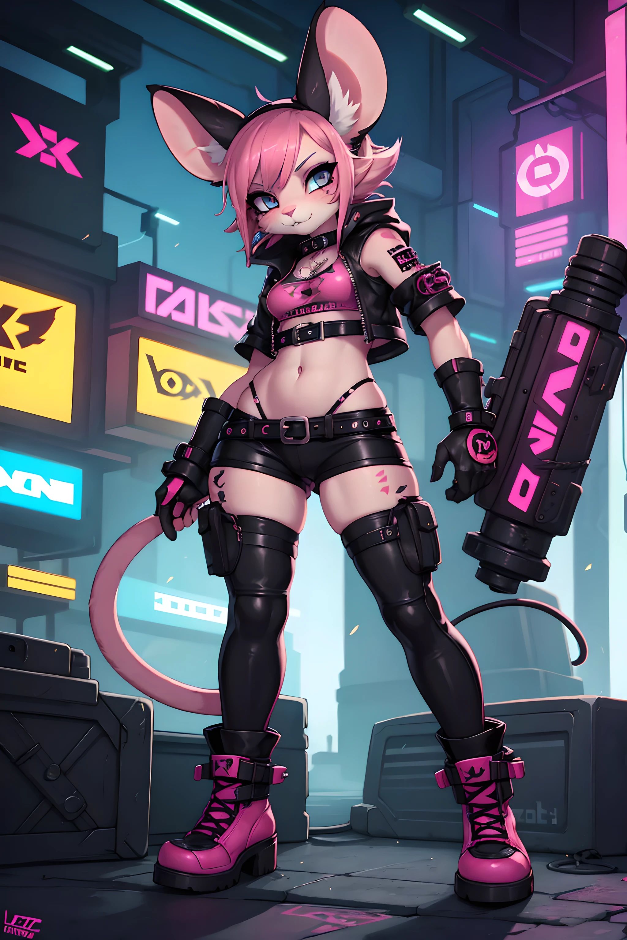 ((furry))(catgirl pink), standing in combat readiness, holding a (9mm gun), on (city), dynamic pose, vibrant colors, magical atmosphere.