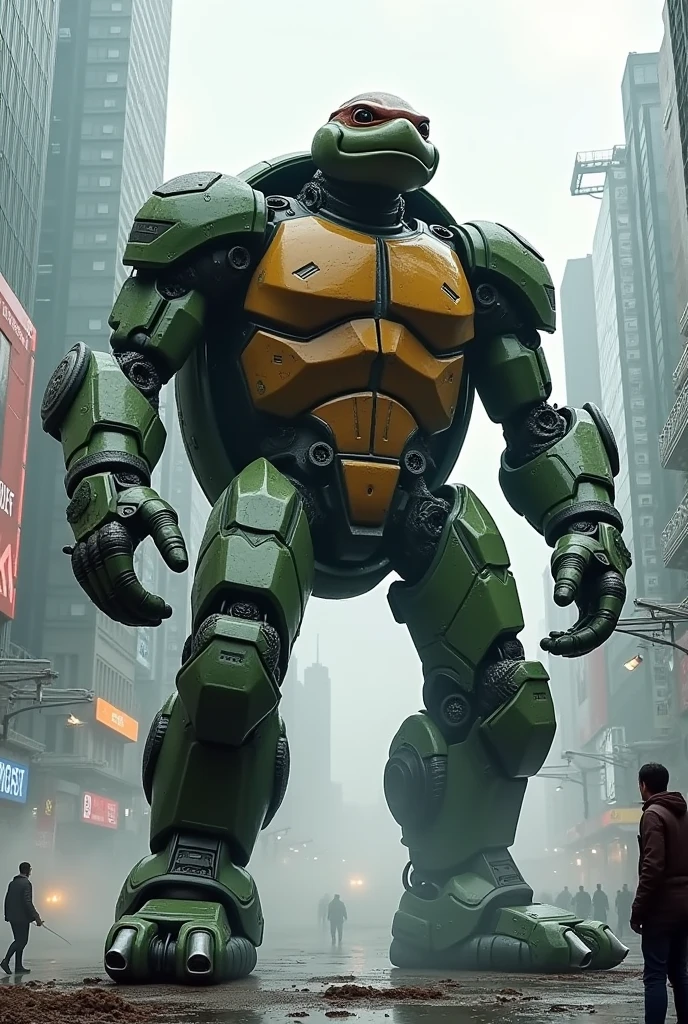 A GROUP OF 4 giant Turtle Transformerd into a robot with fully Armod and wearing a mask on there. Eyes