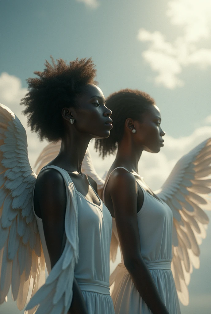 Mighty male angel brown skin complexion wiping the tears from a female Angel's face