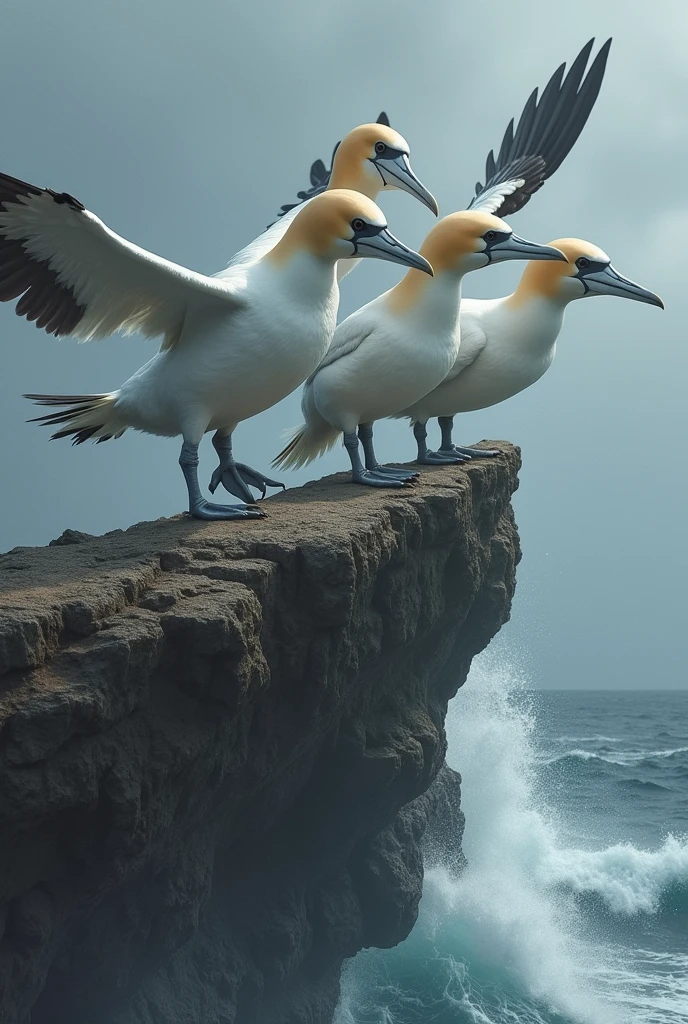 3 albatrosses on a cliff trying to fly