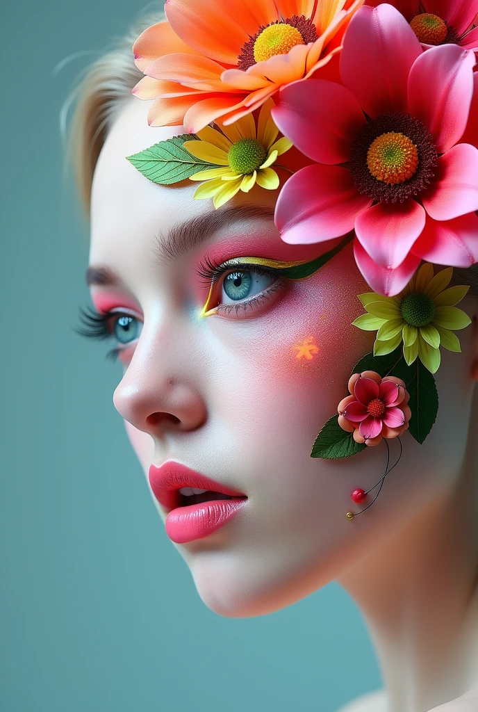 Create facial makeup with flowers, only flashy makeup ,of colorful flowers made of futuristic makeup