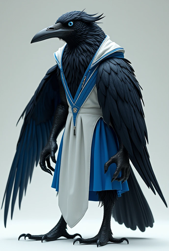  humanoid crow with black feathers and dark blue tips, deep blue eyes, whitish beak, having only the left wing in the same color scheme as its feathers, wearing a kind of long white tunic with blue details, sleeveless and hoodless, long, pointed claws on their hands.