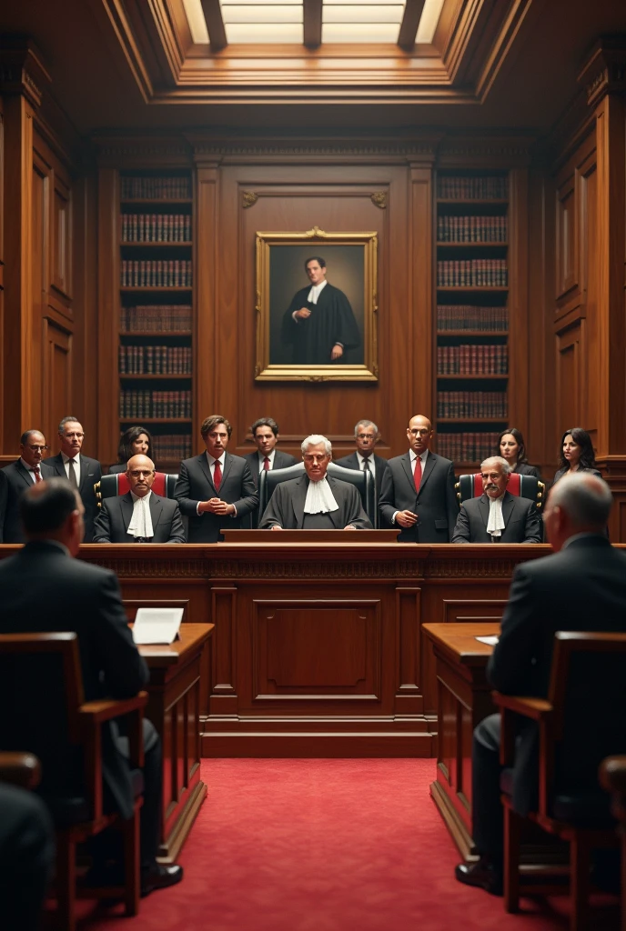 The scene takes place in an imposing courthouse, with a grand hall adorned with classical details and a solemn atmosphere. In the center, the judge sits on an elevated chair, dressed in a black robe and wielding a gavel. In front of the judge are the parties involved in the case, each represented by their respective attorneys, standing at their respective podiums.  On the right side, the defense stands, an experienced and confident lawyer with a firm posture and sharp arguments. They examine their documents, prepared to present their line of defense. On the left side stands the prosecutor, equally determined, with an air of authority and a folder filled with evidence.  The jurors, seated in rows of benches, listen attentively as the attorneys make their arguments. Their expressions reflect the seriousness of the moment, as they know that their decision will have a direct impact on the lives of the people involved in the case.  In the background, anxious and curious observers follow the unfolding of the trial. Some are journalists, ready to record every detail and convey the information to the public. Others are relatives and friends of those involved, waiting for the verdict that will bring justice and relief, or perhaps disappointment and sadness.  The atmosphere is tense, with emotions running high, as the parties present their arguments and evidence, striving to persuade the jurors and achieve victory in their respective cases.  This scene captures the essence of the legal environment, filled with tension, arguments, and the pursuit of truth. An image created based on this description can convey the seriousness and importance of legal proceedings, arousing the interest and curiosity, of viewers, realistic --auto --s2