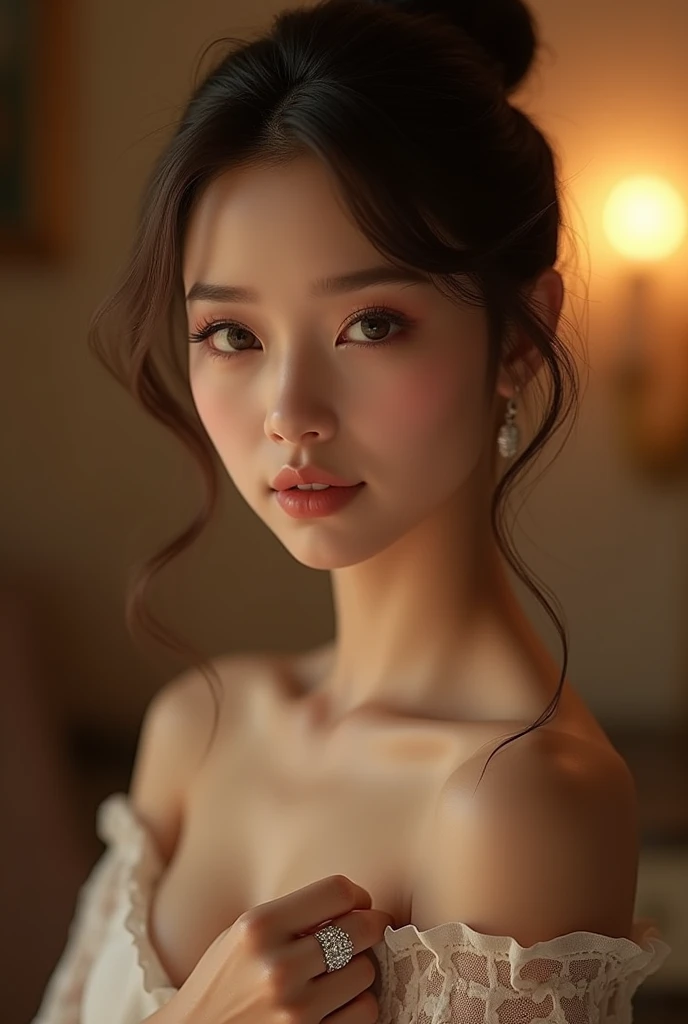 run-6500-v1.1, (RAW Photos:1.2), Highest quality, [masterpiece:1.6], Very detailed, finely, Highest quality, 8k wallpaper,  (Realistic: 1.4), Cinema Lighting, standing, From the knee up, Beautiful detailed girl, Cute Face, Dark brown hair, hair bun, 1 girl, Perfect figure, (A faint smile), (Calm expression), (Cute droopy eyes:1.5), Glowing Skin, (Very Big Breasts), (Underboob:1.9), Cleavage, (Diamond ring on finger), (Big eyes:1.5), Long eyelashes, no clothes,  (pelvic curtain:1.3),  (slender), (Small waist), (Thin legs), White skin, between legs, makeup, Idol, 20-year-old
