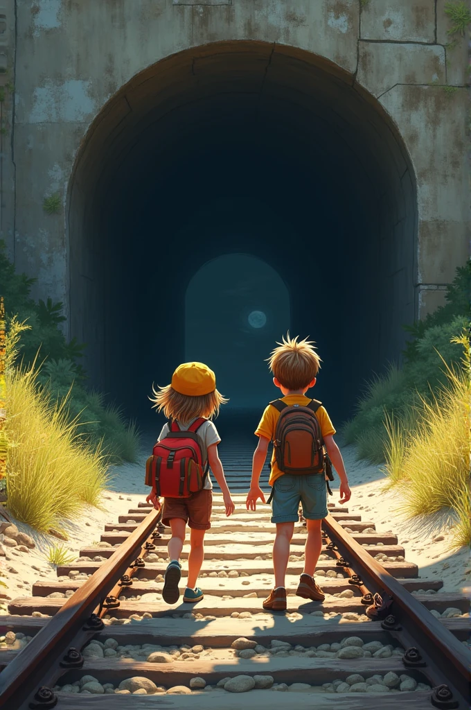 Boy and girl were hunting crabs and now they had decided to explore the train tracks even inside the tunnel.
