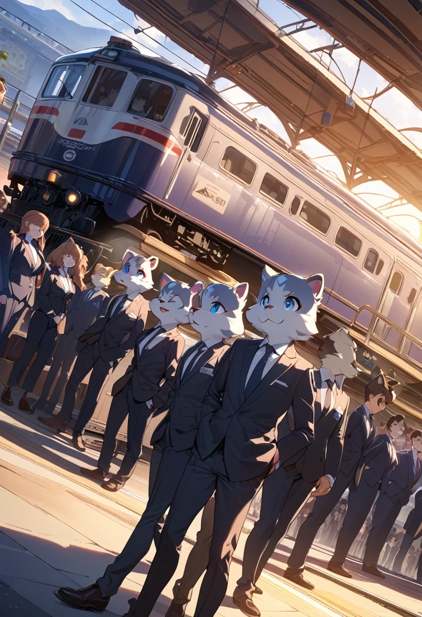 top quality, best quality, High-quality illustrations, masterpiece, super high resolution, detailed background, station, train, station shop, student, salary, suits, evening, 6+boys, 6+girls, absurdres(highly detailed beautiful face and eyes)perfect anatomy, expression, good lighting, good cinematic shadow(kemono, furry anthro)assorted poses, dynamic angle,