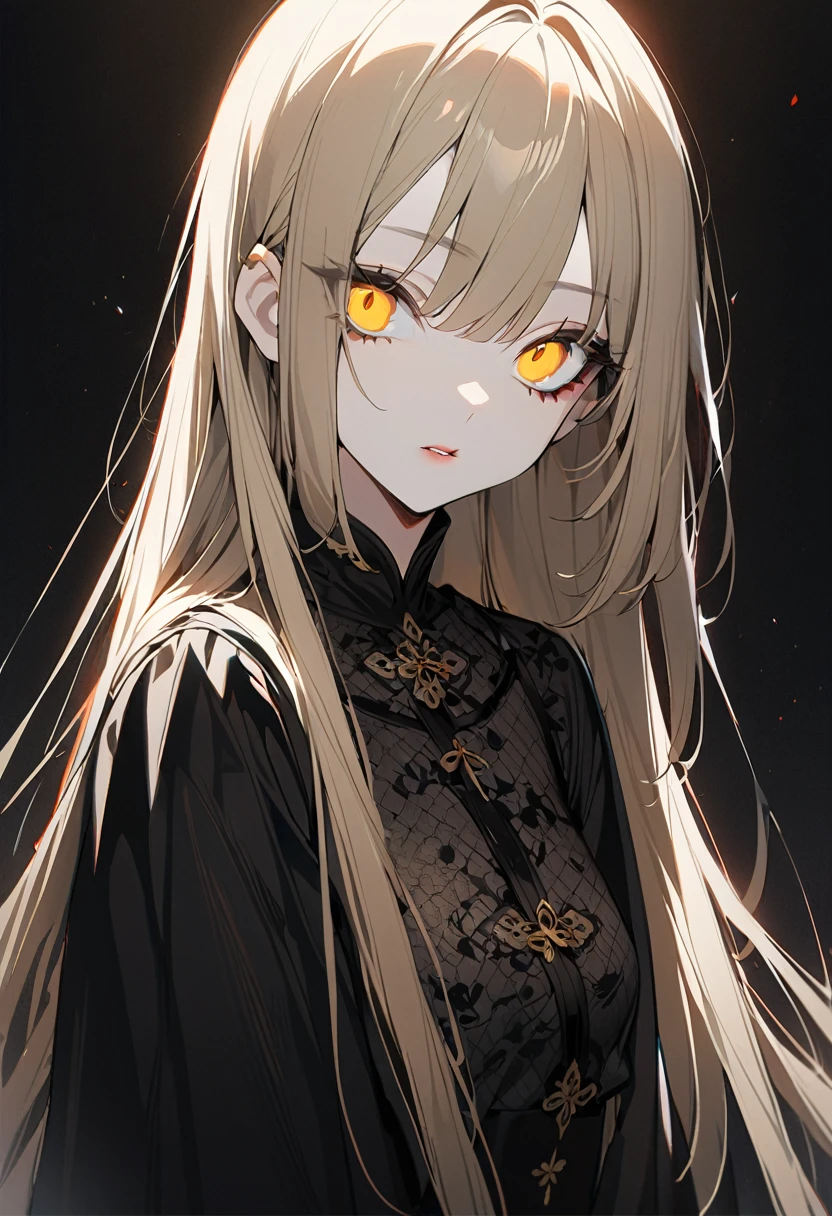 1 person、masterpiece、Highest quality、beauty、Big eyes、Golden Eyes、Light brown hair、Straight hair、Chinese Gothic、Long sleeve、China、Black background、anime