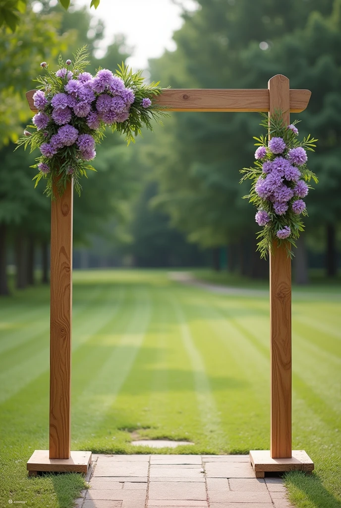 I want an image of a wide wooden wedding arch that is straight not curved and that only in the 2 upper corners there is a symmetry of purple carnations with little green leaves. In the lower part I don't want anything. I want it to be simple and outdoors.