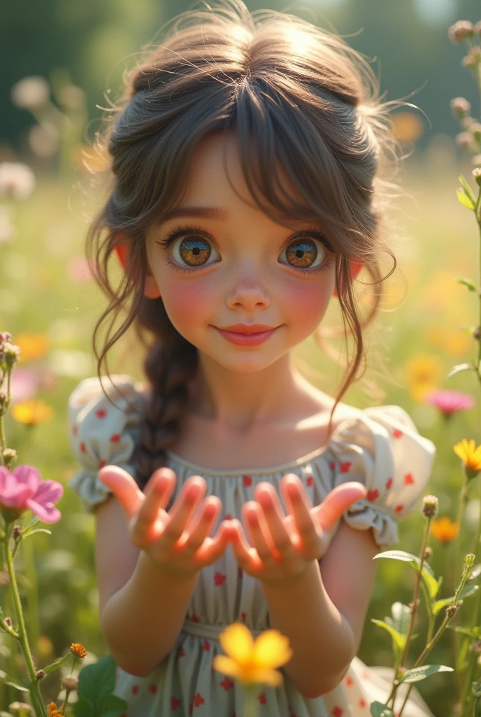 Create an extra 4K realistic photorealistic photo of a girl named Elodie with big, sparkling eyes and a gentle smile, sitting in a flower-filled meadow, her dress billowing in the breeze. Capture her curious, imaginative expression as she explores the natural world around her, with a professional camera and 30 years of experience. Use a 50mm f/1.2 lens to sharply focus on her face while softly blurring the background, emphasizing her enchanting presence. Ensure her hands have exactly five fingers.