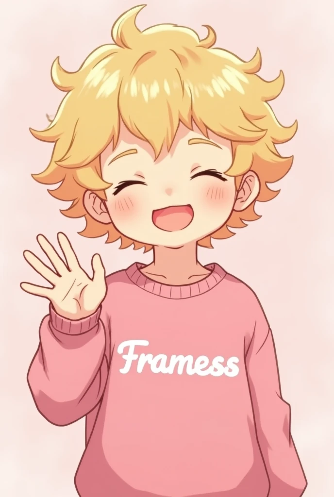the blond hair design is anime he smiles with his eyes closed and waves to the front he also has curls and a pink sweater with framess written on it in the middle with white writing the background is light pink and he is a boy and on the powder it should say framess