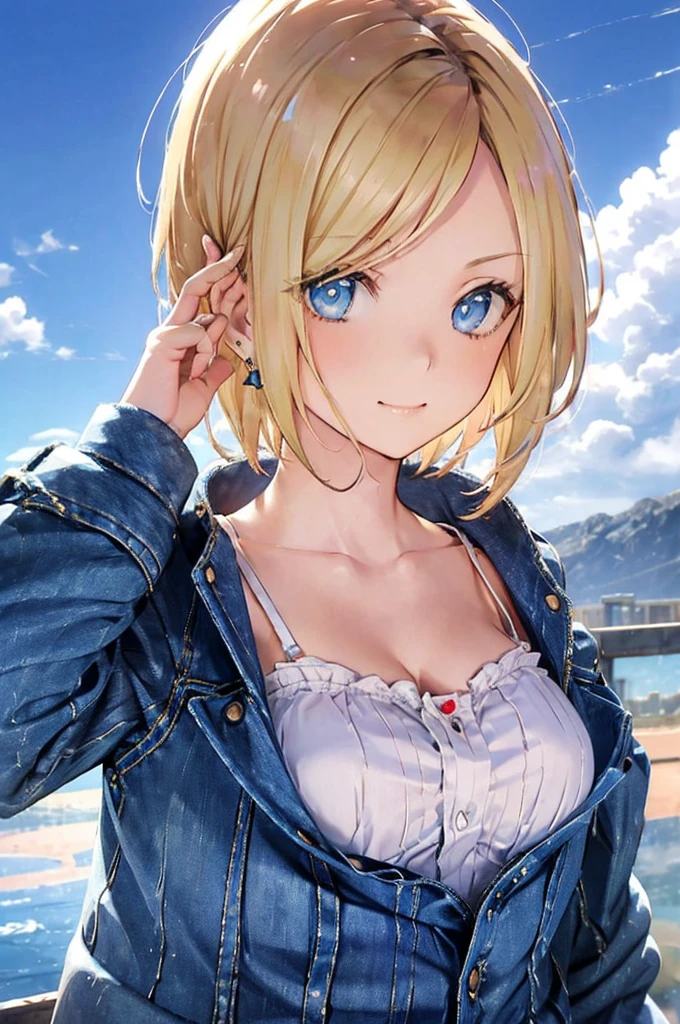 1girl, solo, android 18, blonde hair, blue eyes, short hair, jewelry, earrings, smile, jacket, looking to the side, denim, denim jacket, upper body, lingerie, closed mouth, cloud, sky, day, looking away, blue sky, collarbone,