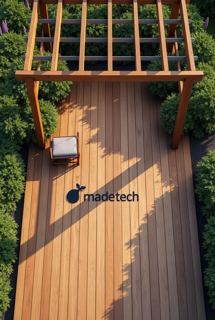 Create an Instagram post image featuring an overhead view of a wooden deck with a pergola. The deck should display the rich texture of the wood, while the pergola adds an architectural element to the scene. Ensure the brand name 'Madetech's' is prominently visible, either as a stylish text overlay on the deck or as an integrated logo on the pergola. The image should be clean, modern, and designed to capture attention on social media, with a strong focus on the brand name