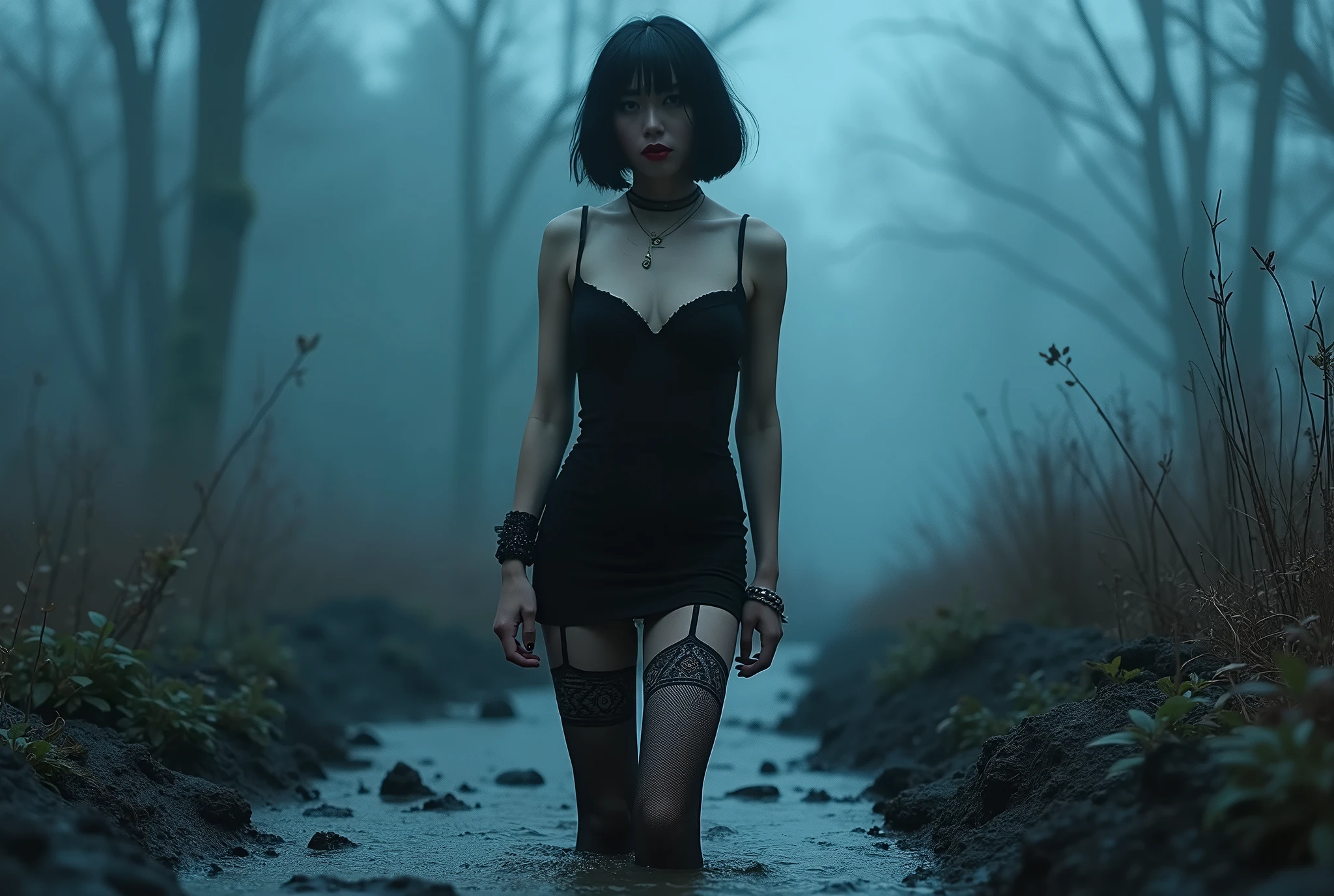 woman, short tight black dress, detailed black muddy stockings with garters, stuck in mud bog,ethnic patterns ritual, cold, red lips, sexy posing, bob haircut, blue fog, posing, dynamic, sexy despair