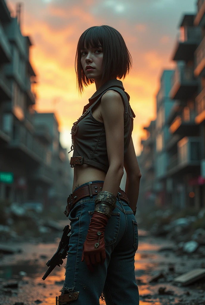 artwork, ultra detailed, 8K, RAW photo, realistic light, cinematic composition, skyscape with clouds, full color dusk, depth of field, 35mm, post-apocalyptic aura, steampunk aesthetic, 1 cute woman, on the ruined street, (dirty and torn steampunk clothes), depth of field, (focus: 1.2), dark atmosphere, dynamic movement, cinematic lighting, detailed face and skin texture, thin eyes, brown hair color, shaved sides, action movie style, vivid colors