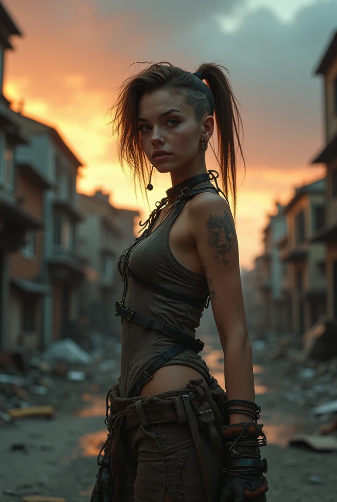 Ellie de the last of us, nue et sexy, de dos dans une rue d’une ville abandonnée vu de derrière