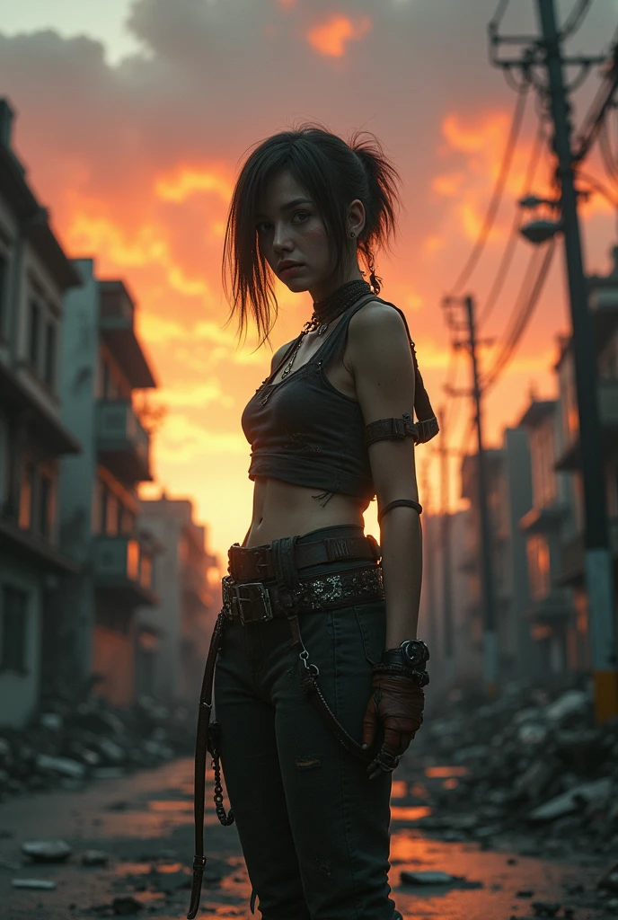artwork, ultra detailed, 8K, RAW photo, realistic light, cinematic composition, skyscape with clouds, full color dusk, depth of field, 35mm, post-apocalyptic aura, steampunk aesthetic, 1 cute woman, on the ruined street, (dirty and torn steampunk clothes), depth of field, (focus: 1.2), dark atmosphere, dynamic movement, cinematic lighting, detailed face and skin texture, thin eyes, brown hair color, shaved sides, action movie style, vivid colors
