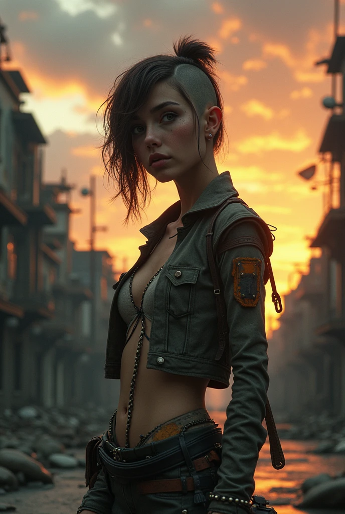 artwork, ultra detailed, 8K, RAW photo, realistic light, cinematic composition, skyscape with clouds, full color dusk, depth of field, 35mm, post-apocalyptic aura, steampunk aesthetic, 1 cute woman, on the ruined street, (dirty and torn steampunk clothes), depth of field, (focus: 1.2), dark atmosphere, dynamic movement, cinematic lighting, detailed face and skin texture, thin eyes, brown hair color, shaved sides, action movie style, vivid colors