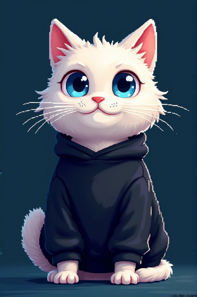 White cat with blue eyes in a black sweatshirt with a dark blue background half of the body (pixelart)