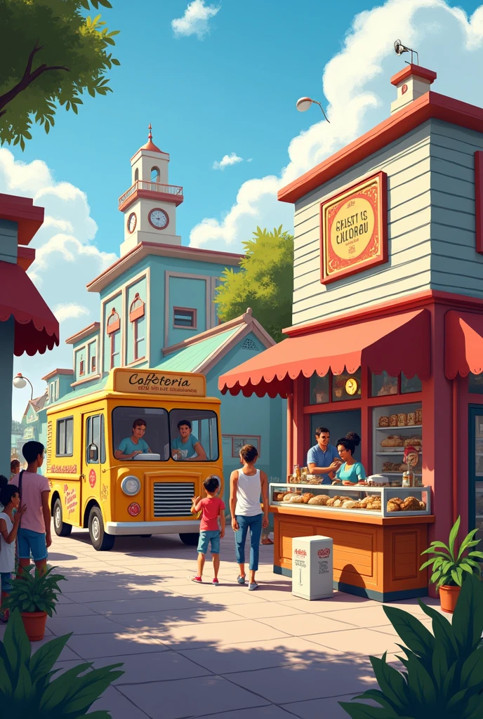 Create me a food truck ,cafeteria and pastry shop ,in an image