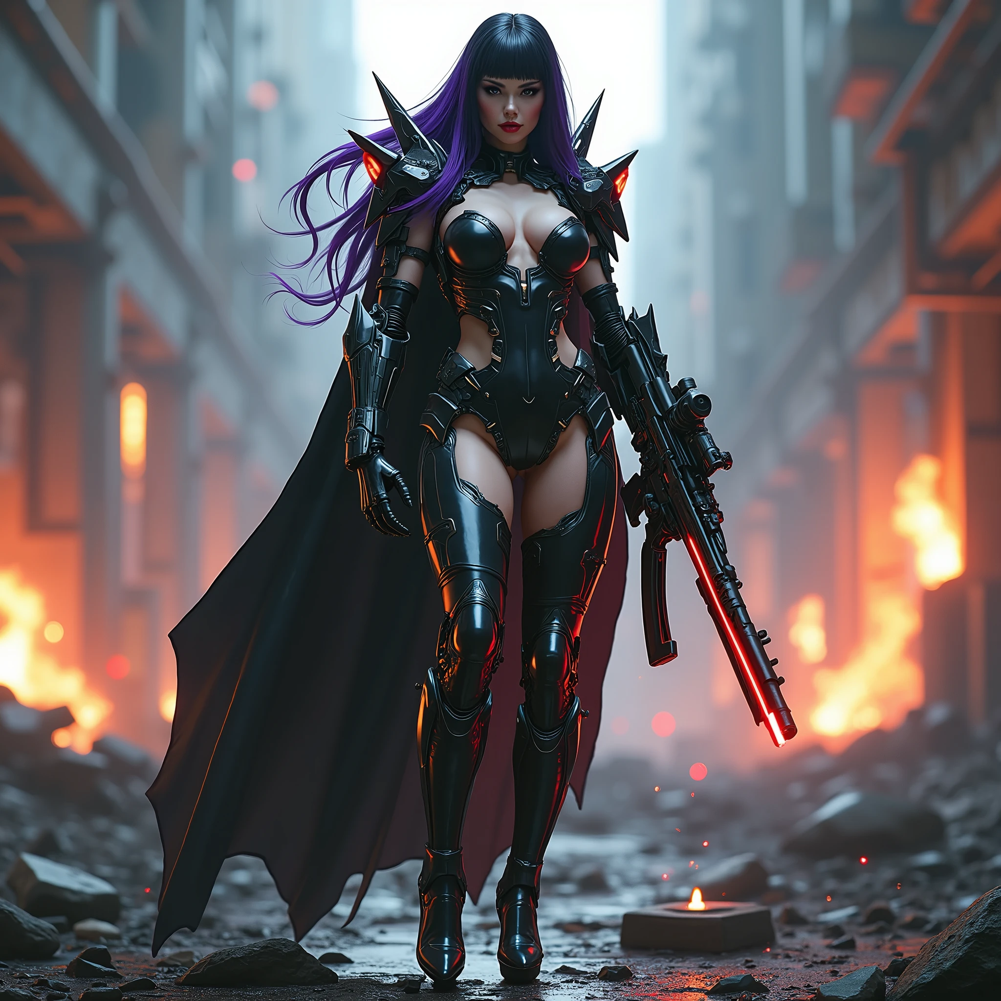 full body pose wearing a mechanical suit, massive bimbo silicone breast, Mechanical wonder, Cyberpunk, Cybernetic Guardian, futuristic sexy black armor, full body, front pose, symmetry, intricate (steel metal [rust]), joints, warframe style, cyborg, fit muscular female body and armor, Beautiful body, Massive silicone breast, pale skin, seductive, temptation, eat your soul, clevage, long flowing black hair with purple highlights, heavy gothic makeup, at night, neon, holding a futuristic black and red laser rifle, sith queen, warrior queen, black latex cloak, stiletto heels, full body pose, wartorn ruins in the background, explosions and fire, high heels