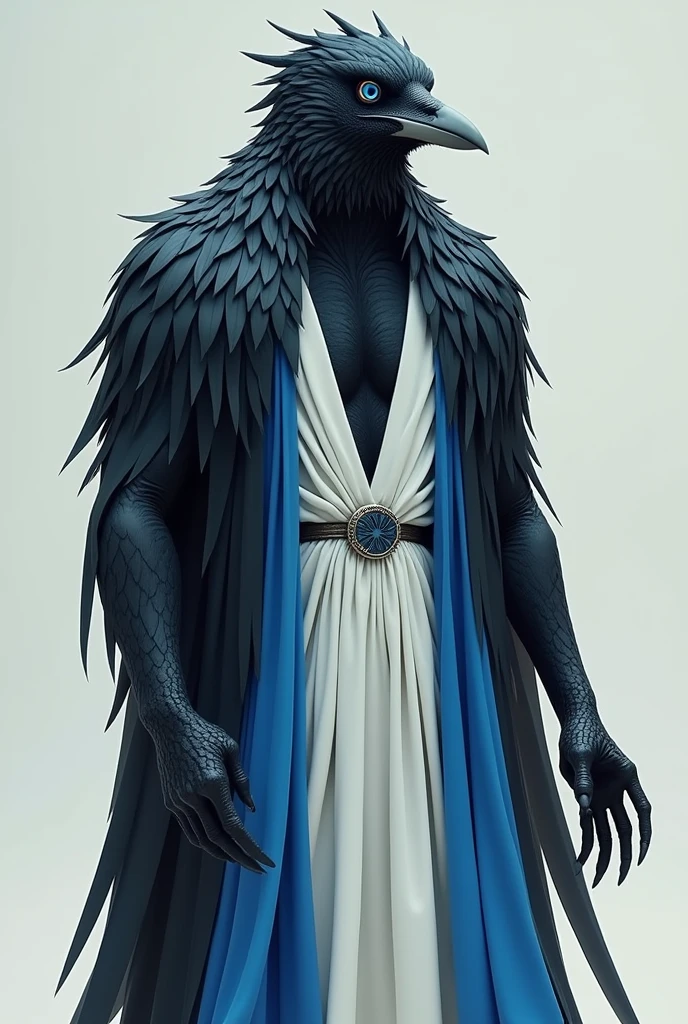  humanoid crow with black feathers and dark blue tips, deep blue eyes, whitish beak, having only the left wing in the same color scheme as its feathers, wearing a kind of long white tunic with blue details, sleeveless and hoodless, long, pointed claws on their hands.