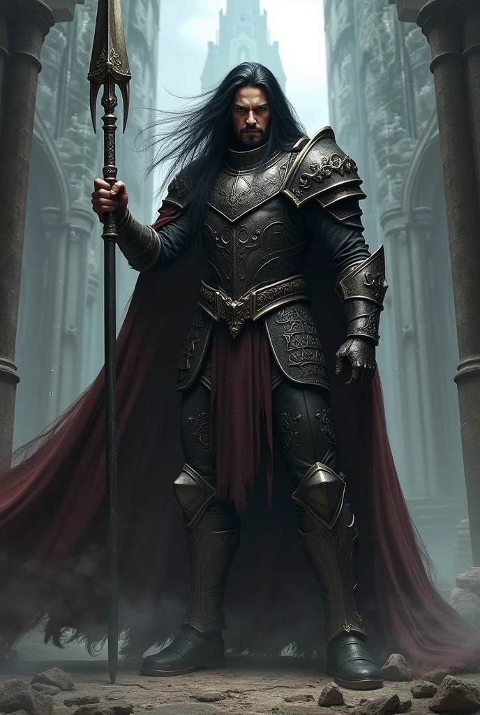 Generate a grown man who looks like Ronnie Radke. He has long black hair. He wears black and grey armor with a long brown cloak and hood. He holds a lance with a wide blade. Dark castle in background. Dark fantasy style. Realistic digital drawn image.