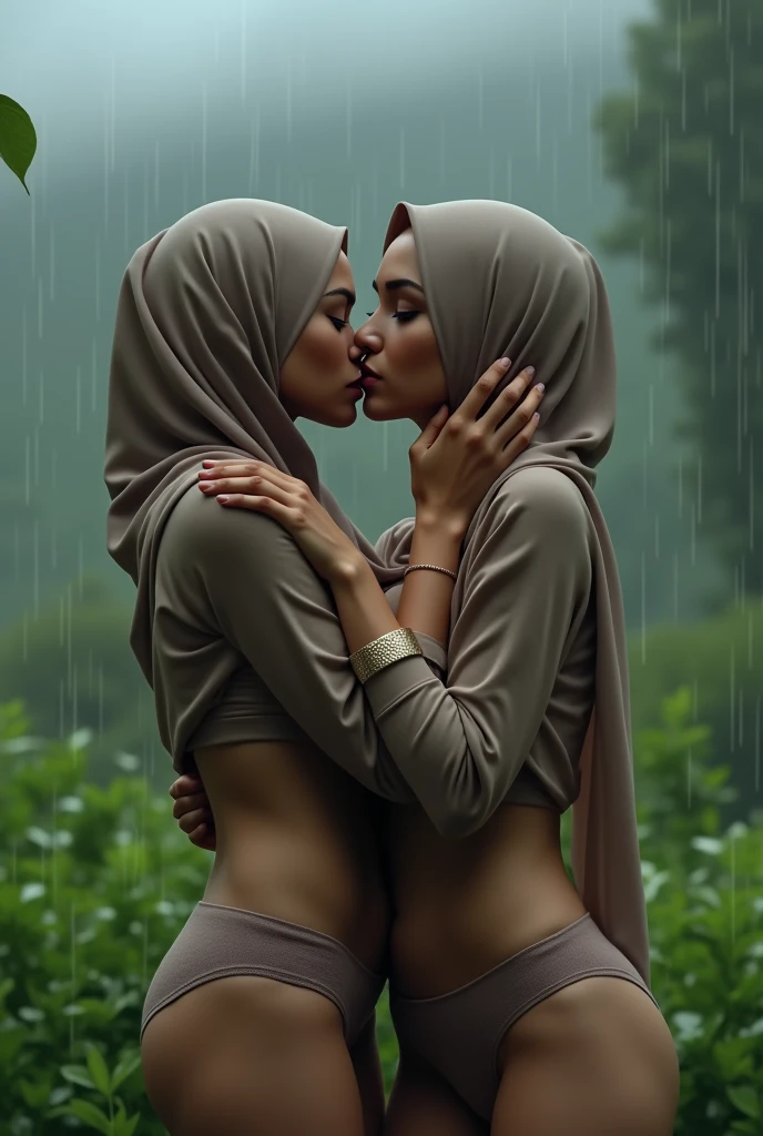 beautiful hijab indonesian lesbian girl laying down,bra and panties,hugging,french kiss,breast grope,view from far,,raining,juge breast