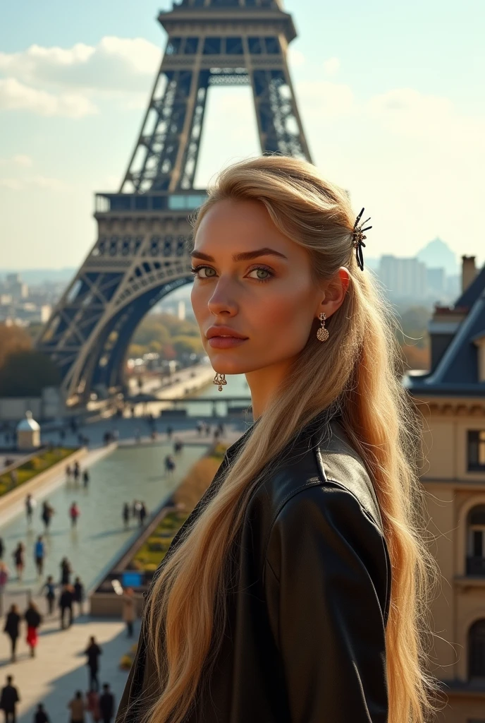 a woman with long hair, blonde, honey eyes, in Paris at the Eiffel Tower, dressed in ultra realistic 4K Paris themed clothing