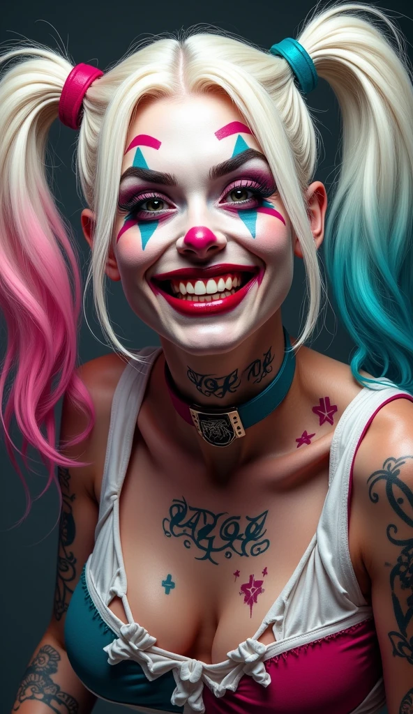 Harley Quinn. White and pink hair. tatuados. Grinning. smudged makeup