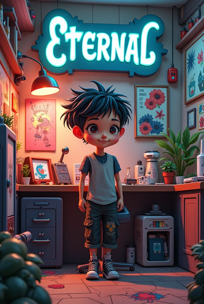 Tattoo Studio name is Eternal, Tattoo Artic name is Zan, Tattoo studio in Tattoos robot,
Tattoo Studio room background in studio name and artic name, Cartoon tattoos studio , tattoos accessories , tattoos artic is boy