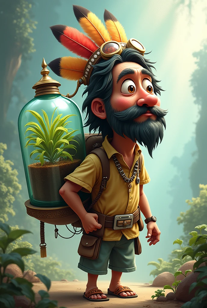 caricature of an Indian with feathers and cocais breathing with a mask attached to a glass bag carried on his back inside which there is a plant that releases oxygen for him to breathe