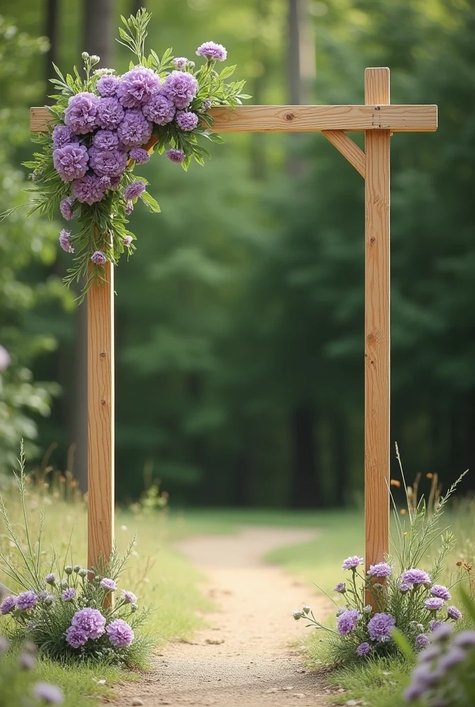 I want an image of a wide wooden wedding arch that is straight not curved and that only in the 2 upper corners there is a symmetry of purple carnations with little green leaves. In the lower part I don't want anything. I want it to be simple and outdoors.