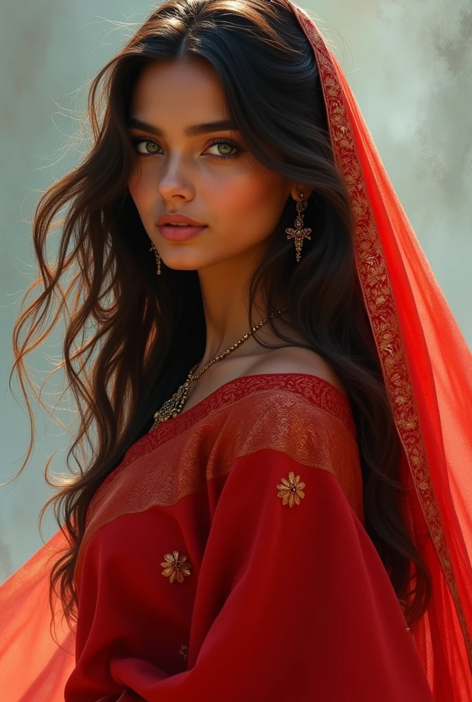 An Indian girl is very beautiful whose height is 5'7, her complexion is fair brown hair, her eyes are sea blue and she is wearing a red saree.
