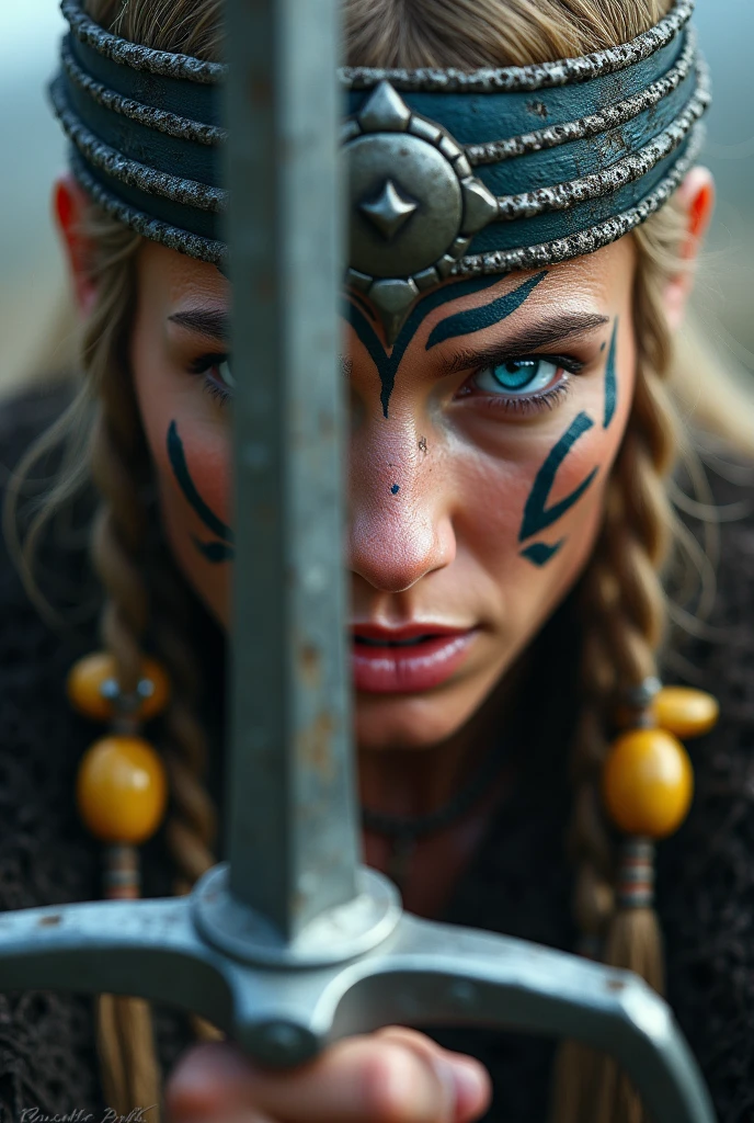 Close up face beautiful viking woman, wooden shield in hand , strong blue light in the eyes, medium eagle crown , viking face paintings, Angry, bone necklace around the neck, battle armor, focused, braids in hair, blonde, looking 3