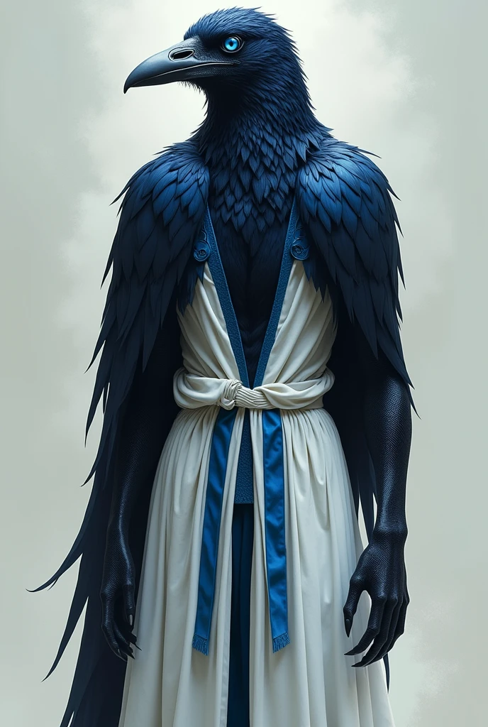 humanoid crow with black feathers and dark blue tips, deep blue eyes, whitish beak, having only the left wing in the same color scheme as its feathers, wearing a kind of long white tunic with blue details, sleeveless and hoodless, long, pointed claws on their hands.