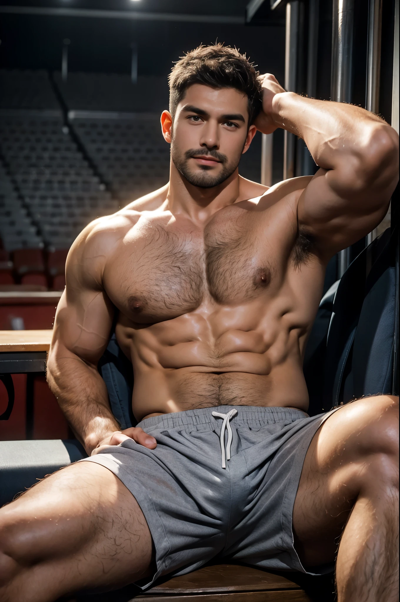smile, short hair, black hair, brown hair, black hair, sitting, male focus, multiple , shoes, shorts, arms, wristband, sneakers, sportswear, bench, , chest hair, , navel hair, leg hair, , hairy, (Chest hair:1.8) ! High detail 8K)! ((Realistically)), ! 186 cm! 70 kilograms! Popular clips! ( High-detail 8k ((realistically)), Exposed chest muscle and chest hair!, best quality, bright lighting, focus, theater! 3, hairy breasts, thick hair Adam Dario Kier screenshot, Reddit, photo realism, gray hair!real photos!Thick moustache!(Chest hair:1.5)Real photos!