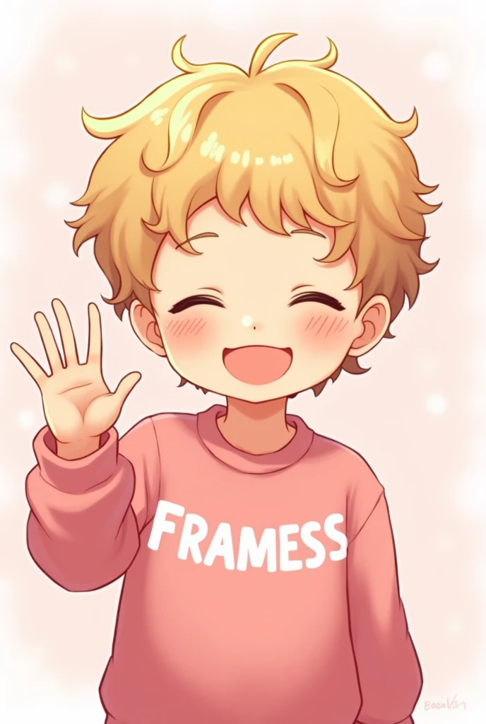 the blond hair design is anime he smiles with his eyes closed and waves to the front he also has curls and a pink sweater with framess written on it in the middle with white writing the background is light pink and he is a boy and on the powder it should say framess and he has curls