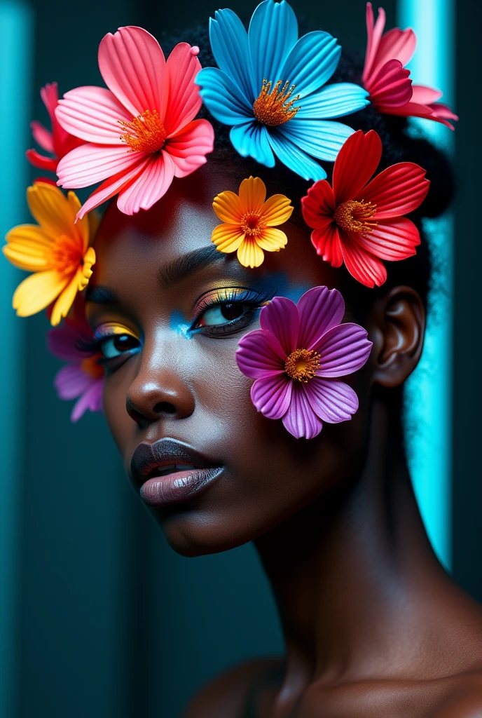 Create facial makeup with flowers, only flashy makeup ,of colorful flowers made of futuristic makeup , for dark skin
