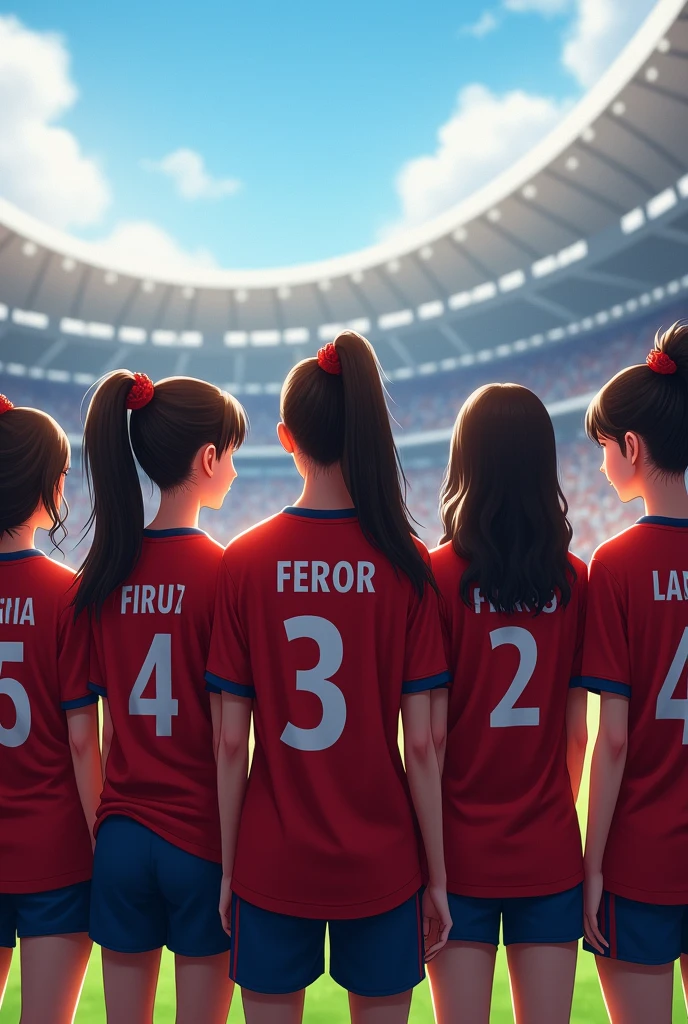 Generate me an image of a group of people from behind consisting girls with the names of Aziza, Dilnavoz, Laylo, Charos, Sabina, Nigina and Moxina with their names written on their shirts and boys with names of Lazik, Feruz, Sardor, Alijon and Oybek wearing AC Milan shirts with different numbers and their name written on it standing on San Siro in realistic style