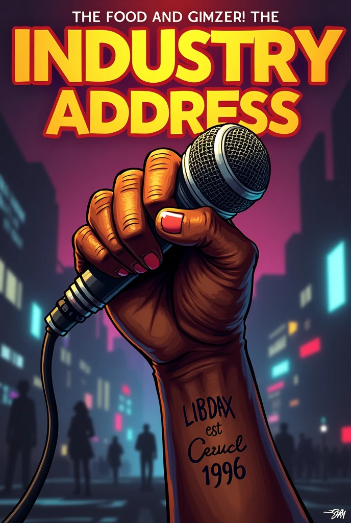 A Hip-hop song cover art with titled "INDUSTRY ADDRESS." Also on it there should be a muscular African hand with a written tattoo "LiB Dax EST 1996" holding a microphone